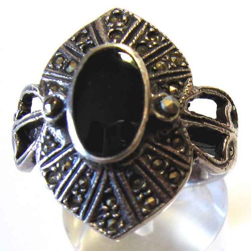 Beautiful Sterling Silver , Marcasite and Black Onyx Ring.